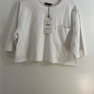 Zara White Cropped T-Shirt with Chest Pocket
